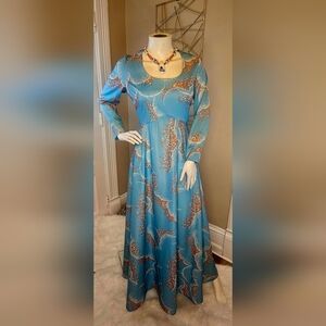 Vtg 1970s Blue Maxi Dress | Long Sleeve | Abstract Wave Floral | Boho Goddess